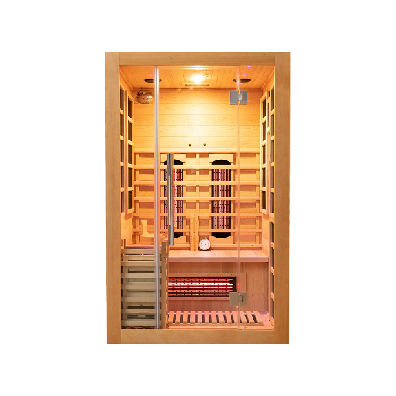 Wooden sauna with a glass front and a warmly lit interior